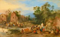 Village Landscape with Figures and a Well by Théobald Michau, Oil on panel (parquetted), sold Nov 2019
