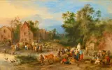 Théobald Michau, Village Landscape with Figures and a Well, Oil on panel (parquetted)