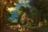 Johann Jakob Hartmann, Evening Landscape with Peasants at Rest, Oil on copper