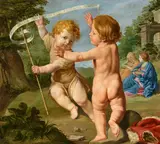 Probably Emilian School 18th century, Christ with John the Baptist, Mary, and Elisabeth in a Landscape, Oil on canvas (relined)