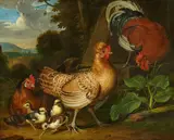 Jakob Samuel Beck, Rooster with Two Hens and Chicks, Oil on canvas