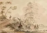 Klaes (Nicolaes) Molenaer, Landscape with Horses Drinking at a River, Watercolour on paper mounted on card