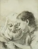 Giovanni Battista Piazzetta, Two Figures Reading, Charcoal and chalk on tinted paper