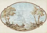 German School mid-18th century, Landscape with a Rider, Brown ink and wash on textured paper