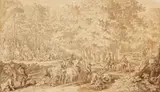 Scene from the Par Force Hunt - Searching for Tracks by Johann Elias Ridinger, Brown and grey ink and was, offered Nov 2019
