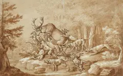 Joseph Georg Winter, Deer Hunt, Brown ink and wash, highlighted in white