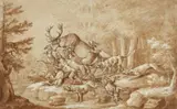 Joseph Georg Winter, Deer Hunt, Brown ink and wash, highlighted in white