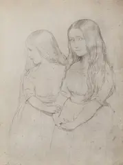 Henri Lehmann, Cosima and Blandine Liszt, Pencil on tinted paper mounted on card