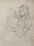 Henri Lehmann, Cosima and Blandine Liszt, Pencil on tinted paper mounted on card