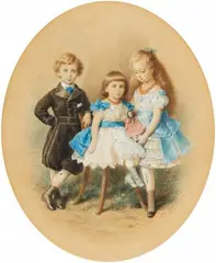Wilhelm Amandus Beer, Three Children in Festive Attire, Watercolour on paper
