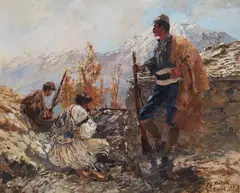Theodor Rocholl, Riflemen in the Mountains, Gouache on paper mounted on card