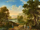 German School early 19th century, Landscape with Ramblers and a Young Fisherman, Oil on canvas (relined)