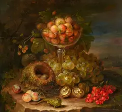 Johann Schlesinger, Still Life with Strawberries in a Glass Tazza, Grapes, Blackcurrants, Nuts, Mirabelles, a Bird's Nest, and a Lizard, Oil on panel