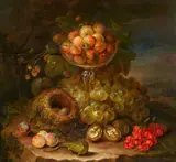 Johann Schlesinger, Still Life with Strawberries in a Glass Tazza, Grapes, Blackcurrants, Nuts, Mirabelles, a Bird's Nest, and a Lizard, Oil on panel