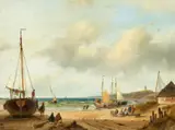 Andreas Schelfhout, Coastal Landscape with Fishermen and Heavily Laden Boats