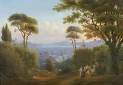 Wilhelm Brücke, Landscape with Peasants at the Bay of Salerno, Oil on canvas