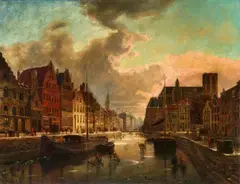 Franz Stegmann, Winter Evening in Ghent with a Frozen Canal, Oil on canvas