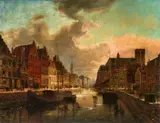 Franz Stegmann, Winter Evening in Ghent with a Frozen Canal, Oil on canvas