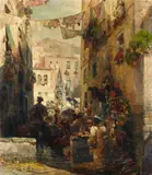 Street Scene in Naples with a View of the Piazza del Mercato and the Castel Sant'Elmo by Oswald Achenbach, Oil on canvas, sold Nov 2019