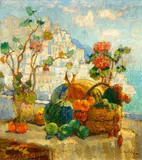 Konstantin Gorbatov, Backlit Houses - Still Life in Capri, Oil on canvas (relined)