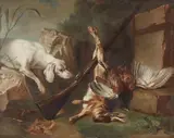 French School 18th century, Game Still Life with a Dog, Hare, and Partridge, Oil on canvas