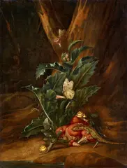 Forest Floor with a Thistle, Mushrooms, Snails, and a Lizard by Karl Wilhelm de Hamilton, Oil on panel, sold Sep 2019