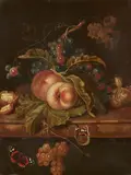 Still Life with Peaches, Grapes, Nuts, Chestnuts, and Butterflies by follower of Jan Davidsz. de Heem, Oil on panel, sold Sep 2019