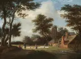 Landscape with Figures and a Farm by Netherlandish School 17th century, Oil on panel (parquetted), sold Sep 2019
