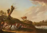 Shepherds with their Animals by a River by Heinrich Wilhelm (Hendrik Willem) Schweickhardt, Oil on panel, sold Sep 2019
