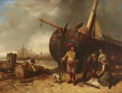 Charles Bouchez, Coastal Landscape with an Elegant Gentleman and Fishermen, Oil on panel (parquetted)