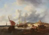 Netherlandish School, 19th century, Sailing Ships Landing on the Beach at Scheveningen, Oil on canvas (relined)
