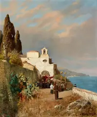 Carl Wuttke, A Chapel on the Italian Coast, Oil on canvas (relined)
