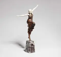 Paul Phillippe, A chryselephantine figure of a dancer, Metal figure with bronze and polychrome lacquer, carved ivory, red and white marble. Engraved P. Phillippe. Slightly mottled surface. H with base 38.8, W
