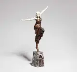 Paul Phillippe, A chryselephantine figure of a dancer, Metal figure with bronze and polychrome lacquer, carved ivory, red and white marble. Engraved P. Phillippe. Slightly mottled surface. H with base 38.8, W
