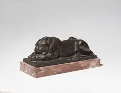 Rudolf Löhner, A bronze figure of a recumbent lioness, Bronze with dark brown patina on a red marble base. Engraved signature LÖHNER. H with base 13, W
