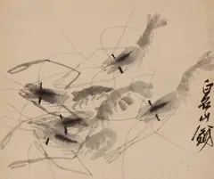 Qi Baishi, Shrimps. Hanging scroll. Ink on paper. Signed Baishi Shanweng., Shrimps. Hanging scroll. Ink on paper. Signed Baishi Shanweng