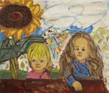 Otto Dix, Zwei Kinder im Garten mit Sonnenblumen (Marcella und Nana), 1965, Oil on plywood panel