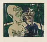 Menschen im Wald (Paar im Wald) by Conrad Felixmüller, 1918, Colour woodcut on machine-made laid paper, sold May 2019