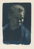 Brustbild einer Arbeiterfrau mit blauem Tuch by Käthe Kollwitz, 1903, Farblithographie auf festem chamoisfarbenen Papier, sold May 2019