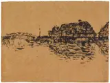 Emil Nolde, Bauernhäuser am See und Brücke (Ruttebüll), 1909, Brush and India ink drawing in black on fibrous Japan laid paper