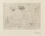 Pablo Picasso, Sculpteur avec un groupe sculpté (Hommage à Carpeaux), 1934, Etching on laid paper with watermark by Montval Montgolfier