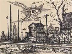 Franz Radziwill, Bahnwärterhaus bei Bockhorn (Die Eulenstation bei Bockhorn), 1965, Felt tip pen and pen and ink drawing on drawing pad paper