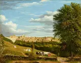 German School mid-19th century, Two Roman Views: Elegant Figures by the Castelli Romani and Ariccia Bridge with Villa Chigi in the Background, Oil on canvas (relined). Each