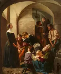 Eduard Hübner, The Hugenot Marguerite Le Riche Consoling her Fellow Prisoners, Oil on canvas (relined)