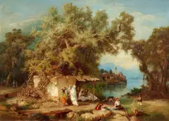 Paul Franken, Landscape in the Caucasus with Figures Resting and Bathing, Oil on canvas (relined)