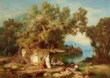 Paul Franken, Landscape in the Caucasus with Figures Resting and Bathing, Oil on canvas (relined)