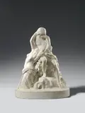 Joseph Geefs, "The Young Fisherman and the Siren" by Joseph Geefs, Carrara marble, carved in the round. This piece is worked in the round but also displays a definite frontal viewpoint. It depicts a young fisherman clothed in a drapery sitting on a rock and gazing down at the siren who tries to lure him into the water. The piece is signed “Joseph Geefs” to the front of the plinth. It is listed in the cited literature as "Jeune pecheur qui se noie attiré par la sirène" and thought to have been made around 1874; surely Geefs has been inspired by the famous ballad by Johann Wolfgang von Goethe "The fisherman" (1779). Geefs studied in Antwerp and returned there in 1841 following stays in Paris and Italy, becoming professor and director of the academy in the subsequent years and receiving numerous public and private commissions. This piece is an example of his later works, which increasingly incorporated elements of Romanticism. In good overall condition. One finger of the siren's left hand partially lost, minor repairs to two further fingers. The rod is a loosely attached replacement in plaster