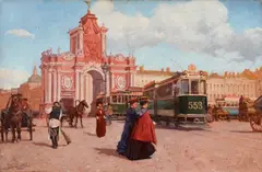Léon Zeytline, View of Moscow Boulevard with the Red Gate, Oil on canvas