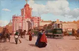Léon Zeytline, View of Moscow Boulevard with the Red Gate, Oil on canvas