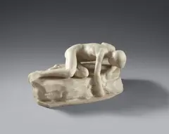 Charles Samuel, Narcissus, Marble figure carved in the round and partially freestanding. A figure of Narcissus by Charles Samuel is shown lying on a rocky outcrop leaning down to observe his reflection in the water below him. The work is signed "Juliette Ch. Samuel" to the right on the reverse, which indicates that it could be a collaborative work between Charles Samuel and his wife, the painter and sculptor Juliette Samuel (née Blum). Minimal wear